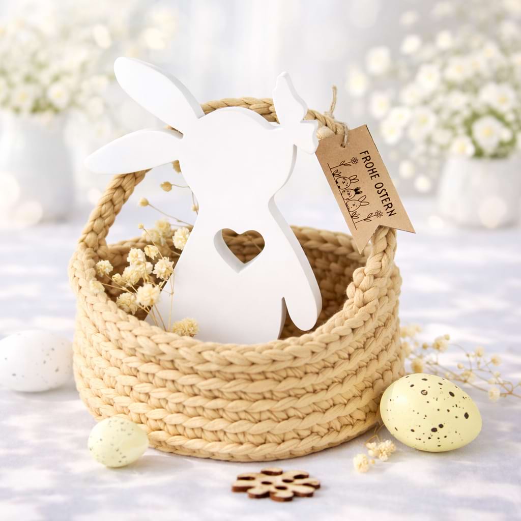Osterkorb mit Holzhasen und ‚Frohe Ostern‘‑Anhänger, dekorativ arrangiert als Inspiration für festliche Osterdeko.