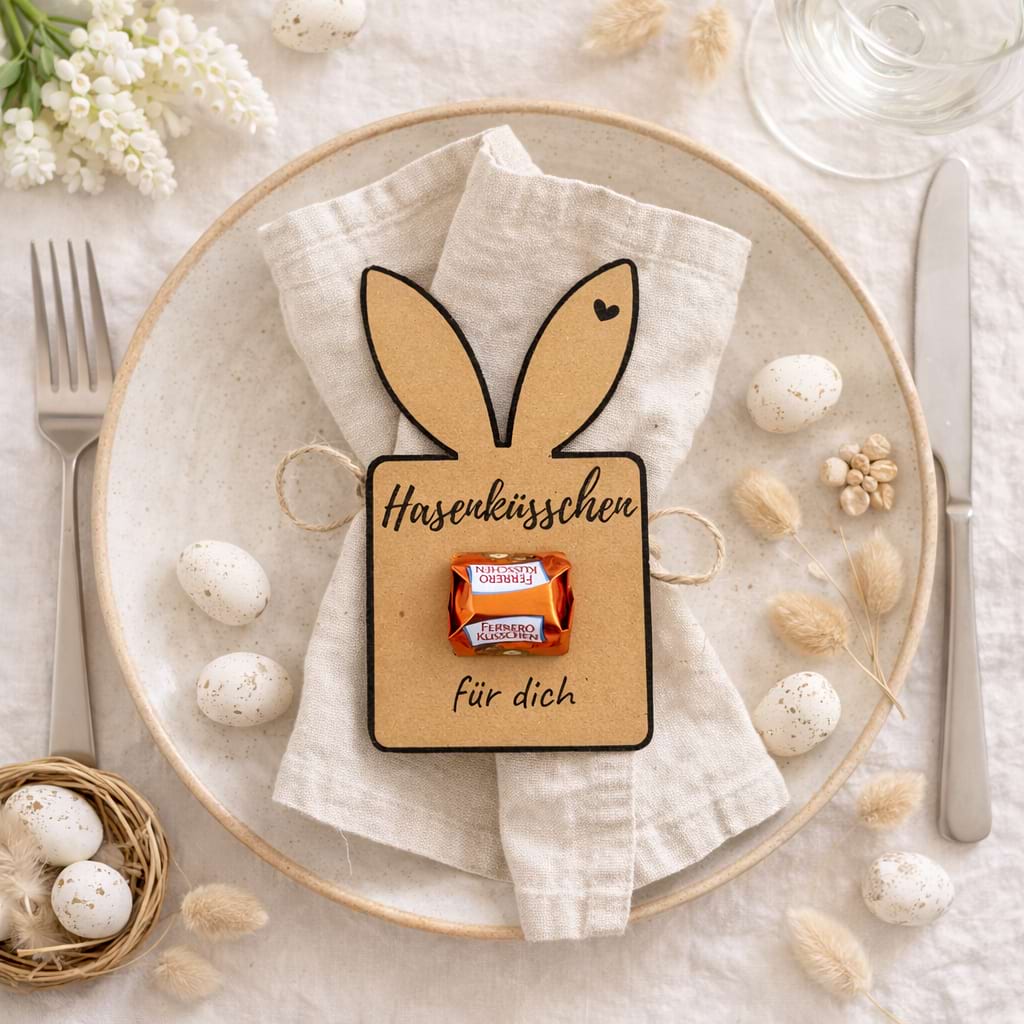 Oster-Tischdeko mit Hasenanhänger und Ferrero Küsschen als liebevolles DIY‑Ostergeschenk.