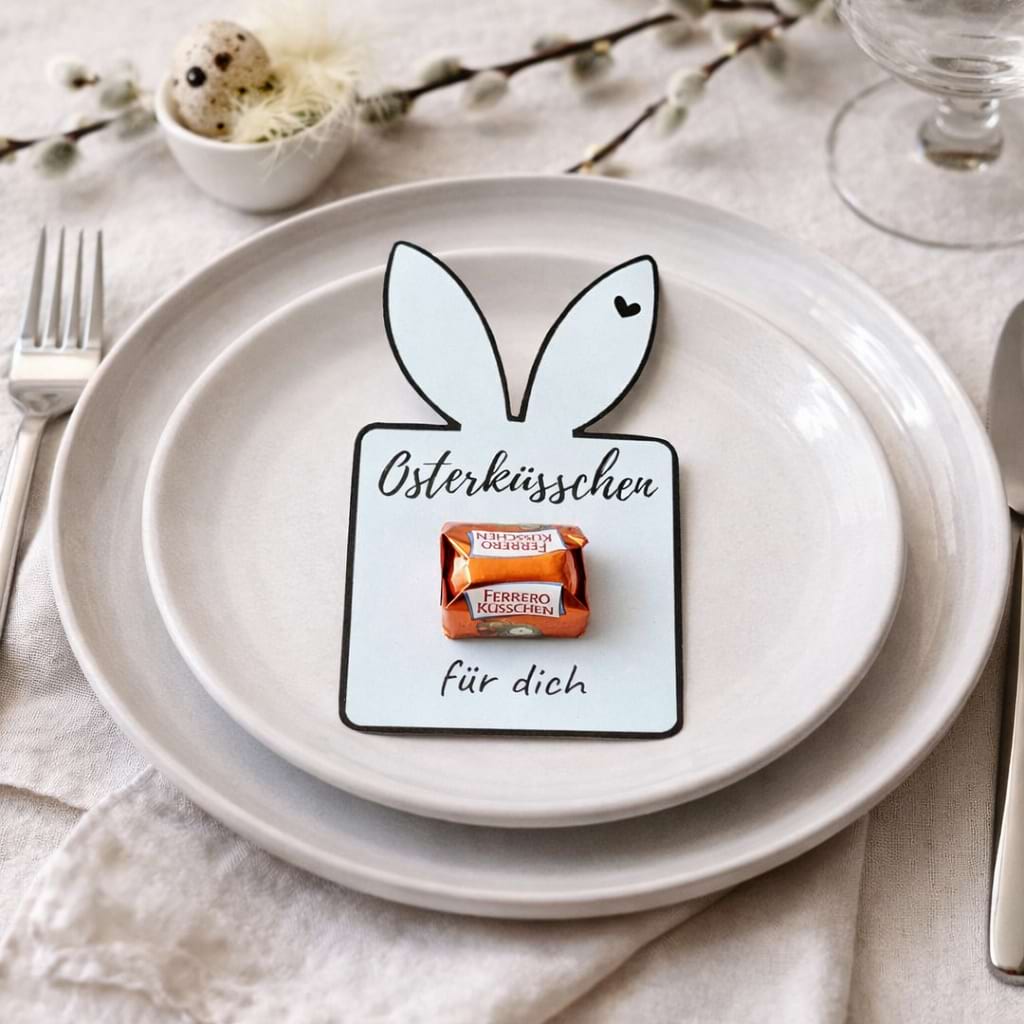 Oster-Tischdeko mit Hasenanhänger und Ferrero Küsschen als liebevolles DIY‑Ostergeschenk auf dem Teller.