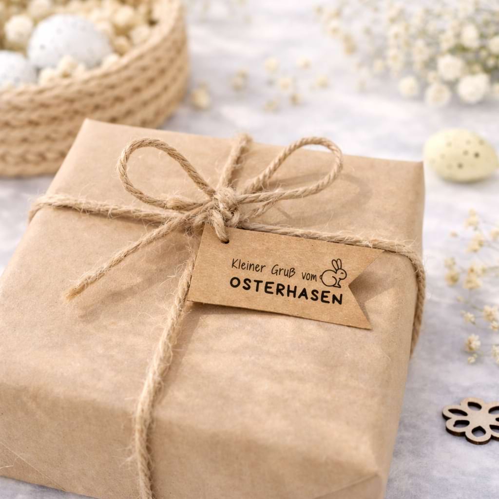 Ostergeschenk mit Kraftpapier‑Anhänger ‚Gruß vom Osterhasen‘, liebevoll dekoriert als Inspiration für DIY‑Ostergeschenke.