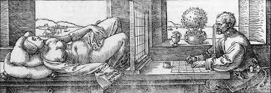 アルブレヒト・デューラー 《裸婦を描く素描家》 1525年　 木版画 　8×22cm