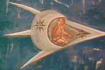 "Viajero en su nave espacial", en una Crucifixión del monasterio Visoki Dezani, en Kosovo, de mediados del siglo XIV