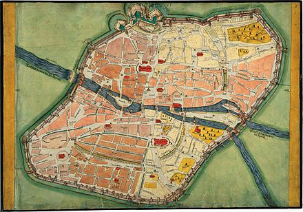 Alter Nürnberger Stadtplan mit Stadtmauern und Toren und Brücken über die Pegnitz