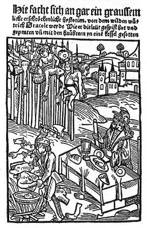 Illustrazione di un libro tedesco del XV secolo, raffigurante Vlad che pranza tranquillamente davanti ai prigionieri impalati