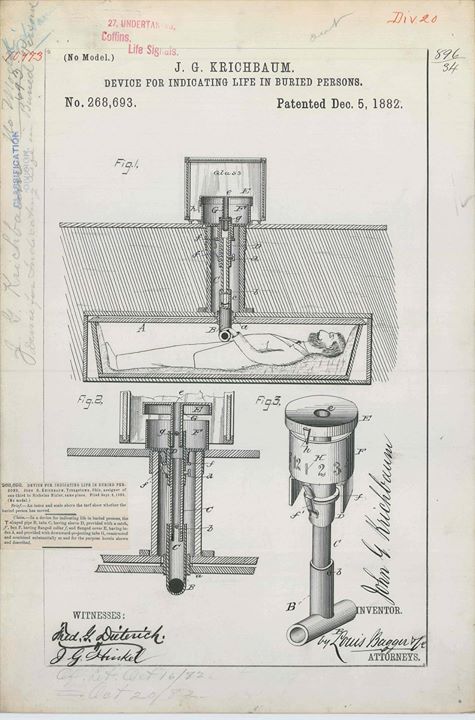 1882 – Una specie di persicopio avrebbe permesso di guardare all’interno della bara per scorgere eventuali segni di vita.