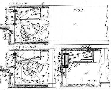 1899 – Un martello attivato tramite molle dal movimento della testa, avrebbe dovuto rompere il vetro di una finestra posta sopra la testa, consentendo così all’aria di entrare nella bara. L’allarme era semplicemente costituito dal rumore del vetro rotto.