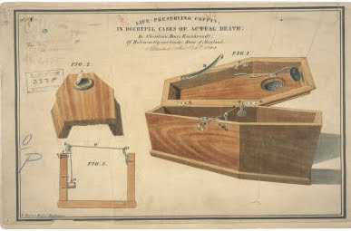 1843 – Bara con un complesso meccanismo di leve e molle per aprire il coperchio al minimo movimento della testa.