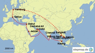 Bild: Karte der Reise von Hamburg durch den Suezkanal nach Asien