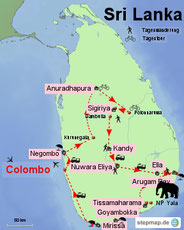 Karte von Sri Lanka mit der Reiseroute 
