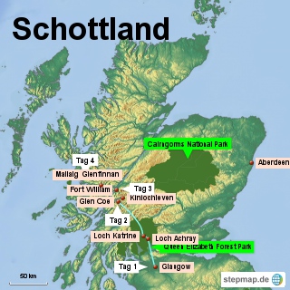 Bild: Schottlandkarte mit dem Eintrag unserer Reiseroute