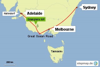 Bild: Karte der Reiseroute in Australien von Sydney nach Adelaide