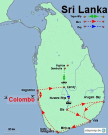 Bild: Karte der Rundreise 3 Wochen durch Sri Lanka als Backpacker