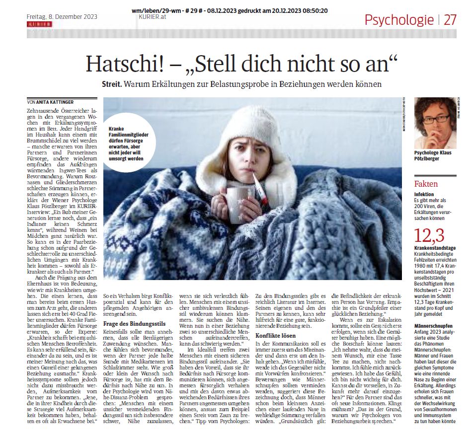 2023: Psychologe Klaus Pötzlberger im Interview im KURIER zum Thema Krankheit in der Partnerschaft