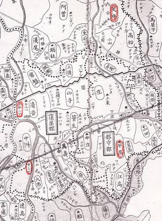 図２．明治22年に作製された地図 足守と上中島との直線距離は約13km