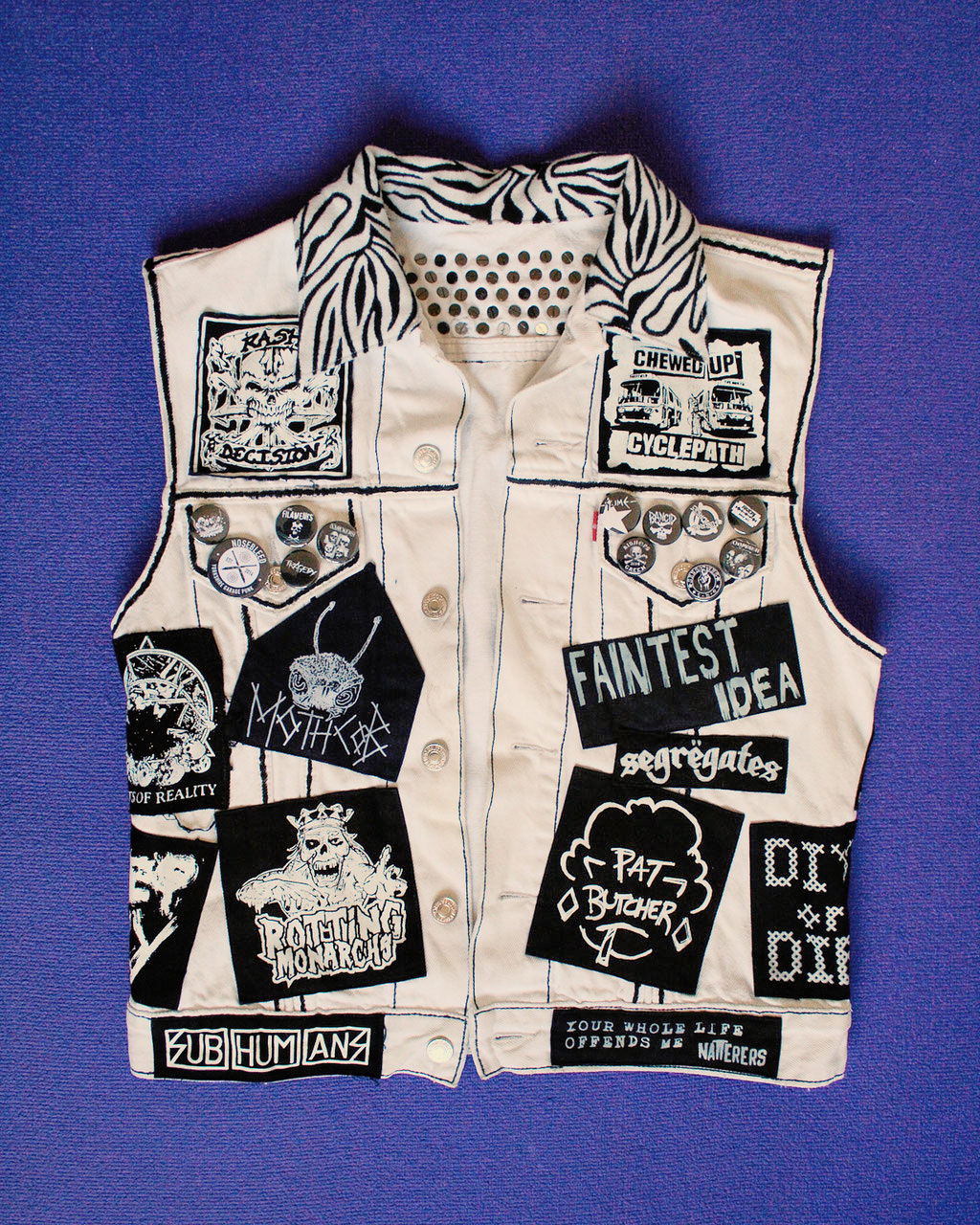 Update on the not-so-white-anymore punk vest - front view before - Zebraspider Eco Anti-Fashion