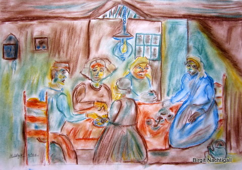 "Kartoffelesser", von Birgit Nachtigall, Pastellkreide in der Psychatrie gemalt. Themanebezogen= Armut.