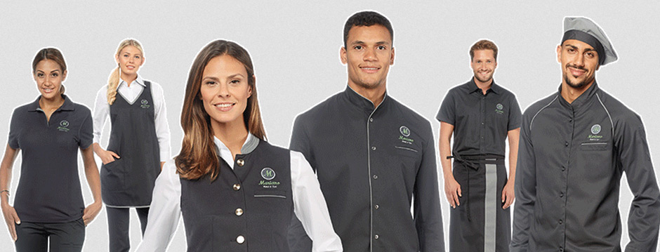 Berufskleidung für Gastronomie und Service – sechs Personen in modernen Outfits wie Poloshirts, Westen, Hemden und Kochjacken in Dunkelgrau und Weiß.