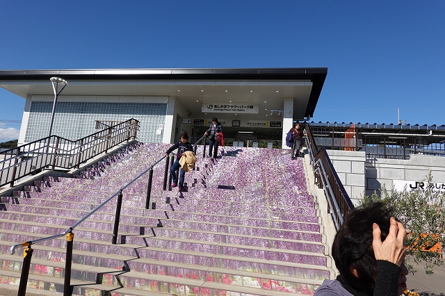 あしかがフラワーパーク駅は階段が藤の模様です