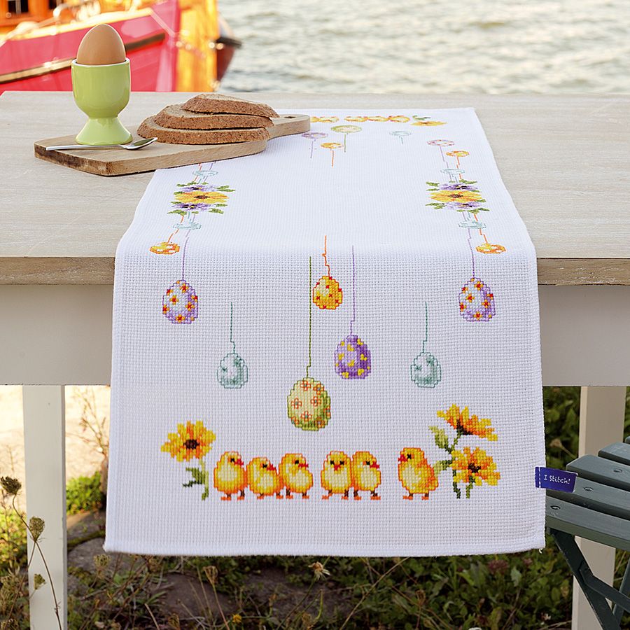 Simhomsen Biancheria Tavola Ricamata Pasqua - Coniglietti E Uova, 45x200 Cm, 100% Poliestere