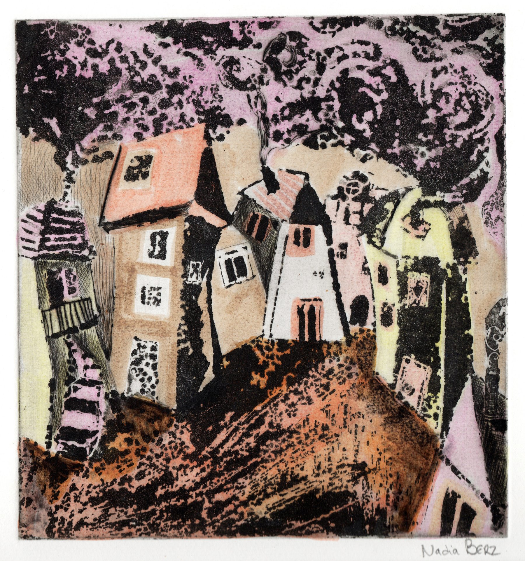 N.BERZ_Village_2025_gravure-crayons-aquarellables_30x30 -100€