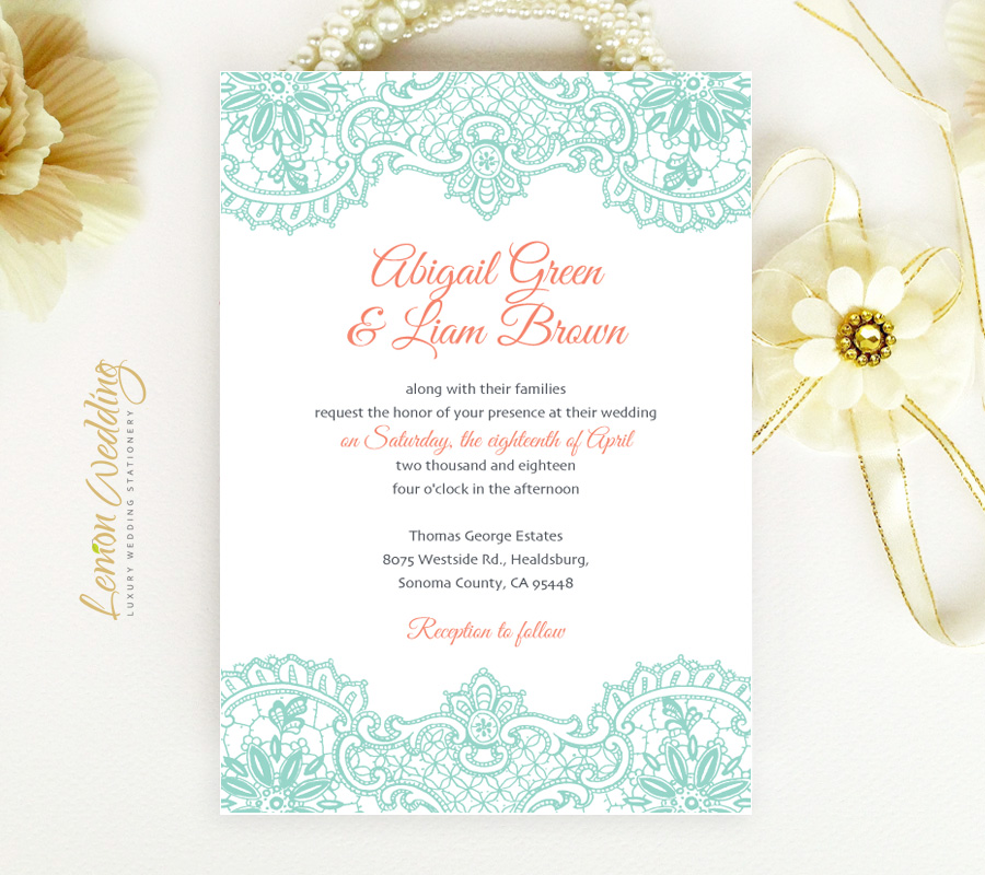Mint And Coral Wedding Invitations Lemonwedding