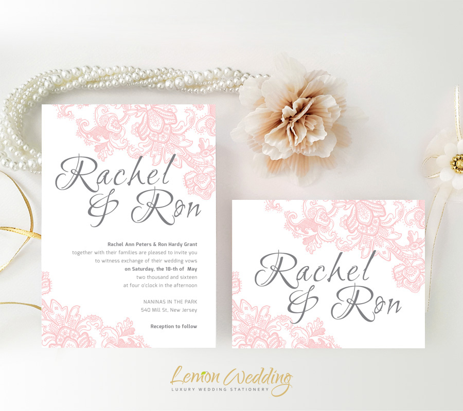 Invitations pink Pink Lace Wedding Invitations - LemonWedding
