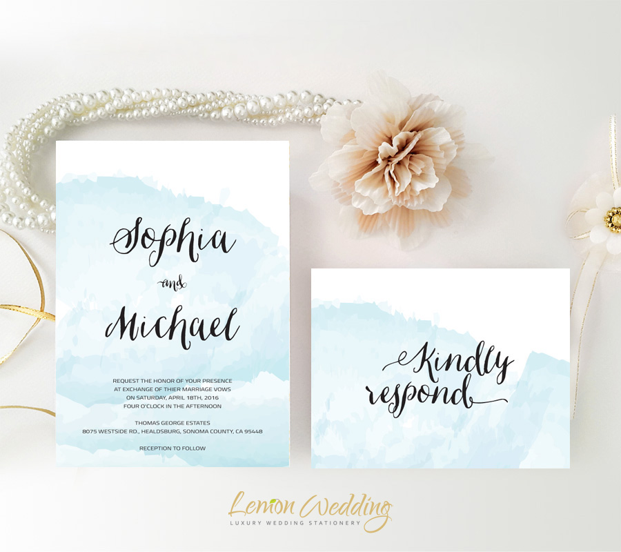 Blue Watercolor Wedding Invitations Lemonwedding