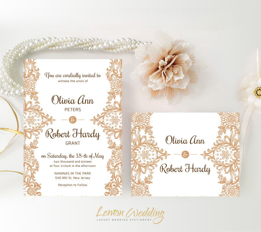 Brown burlap and lace wedding invites Brown Lace Wedding Invitations - LemonWedding