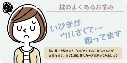 枕のよくあるお悩み　いびきがうるさくて困っています　枕の高さを整えると「いびき」を抑えられる方がおられます。まずは頭と首のカーブを測ってみましょう