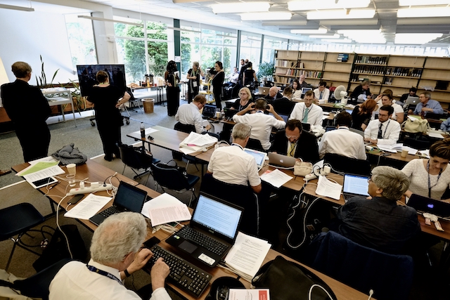 Journalists' working space in the building of the Ecumenical Council of Churches in Geneva.