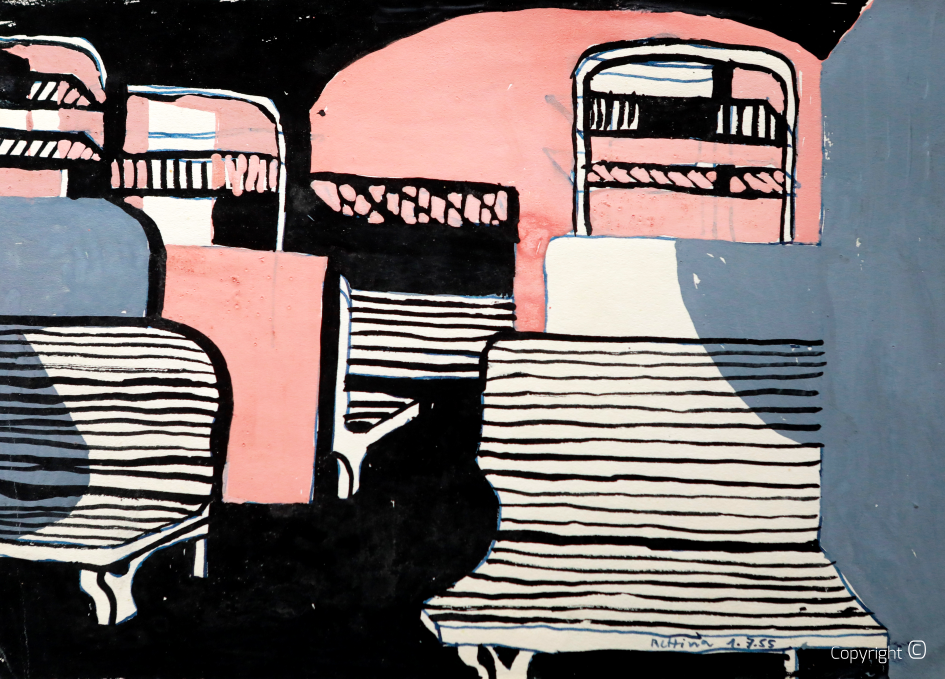 Train compartment, woodcut black and pink, 1950s