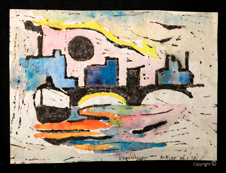 Harbor impressions, colored linocut, approx. 1956