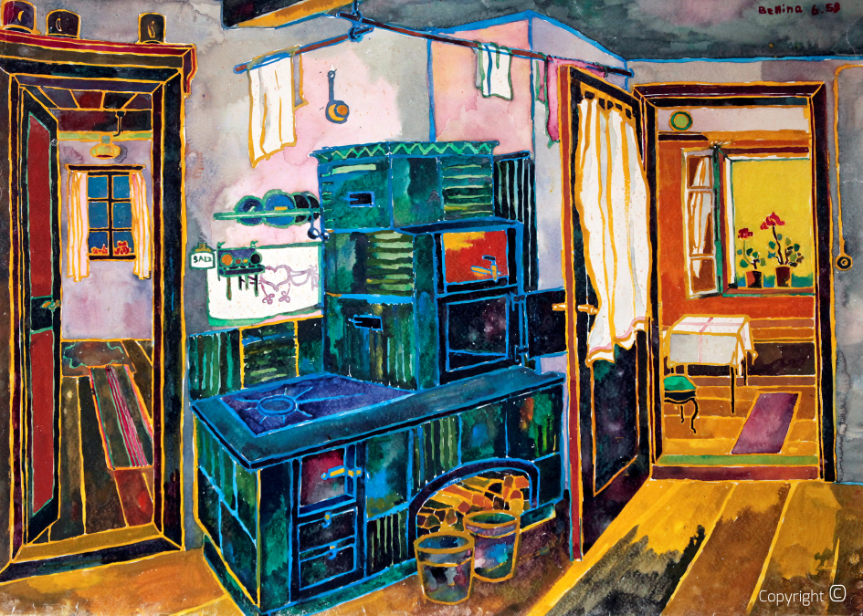 Austrian farmer's kitchen at Gundelsee, 1958