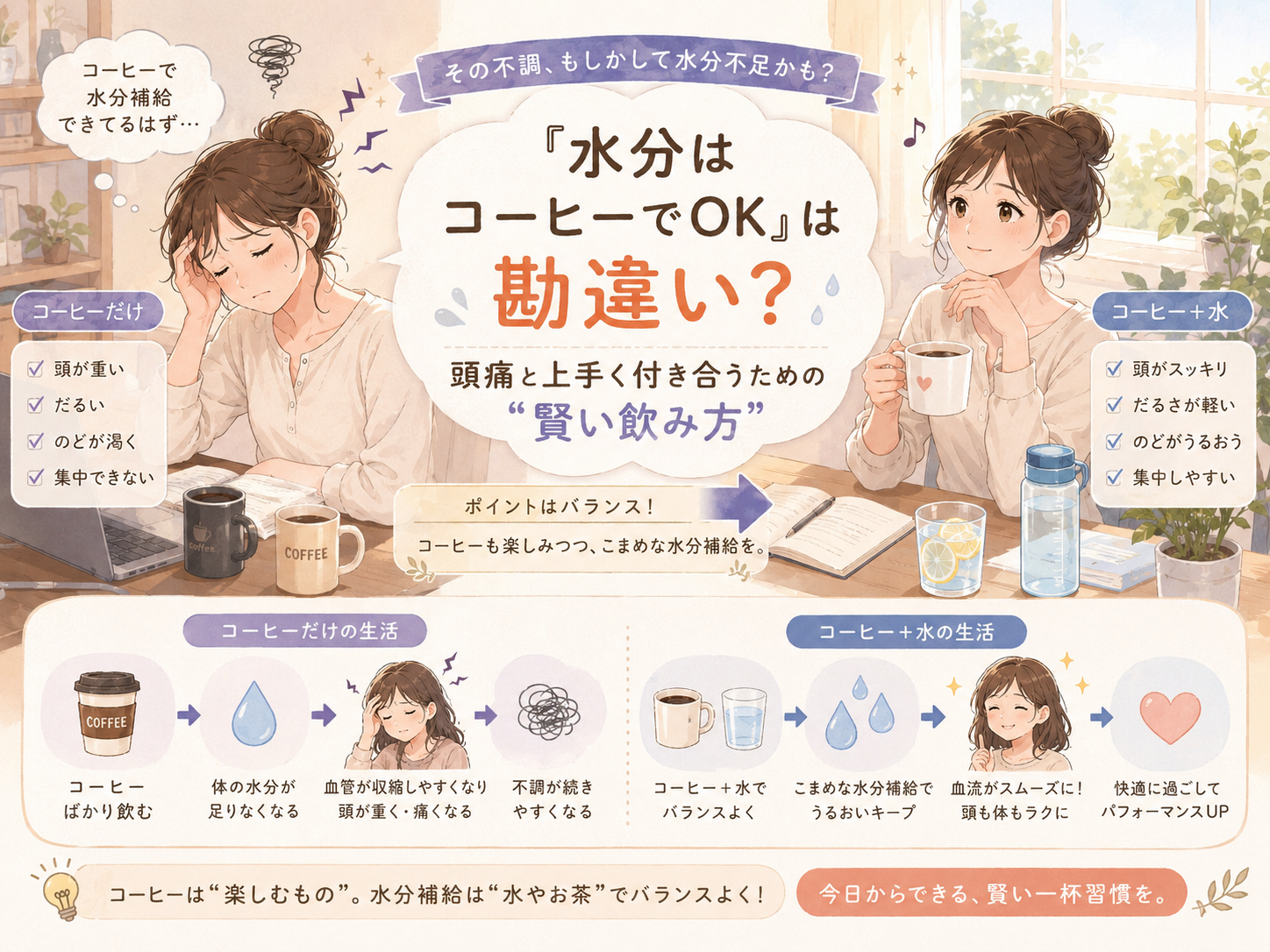 「水分はコーヒーでOK」は勘違い？頭痛と上手く付き合うための賢い飲み方