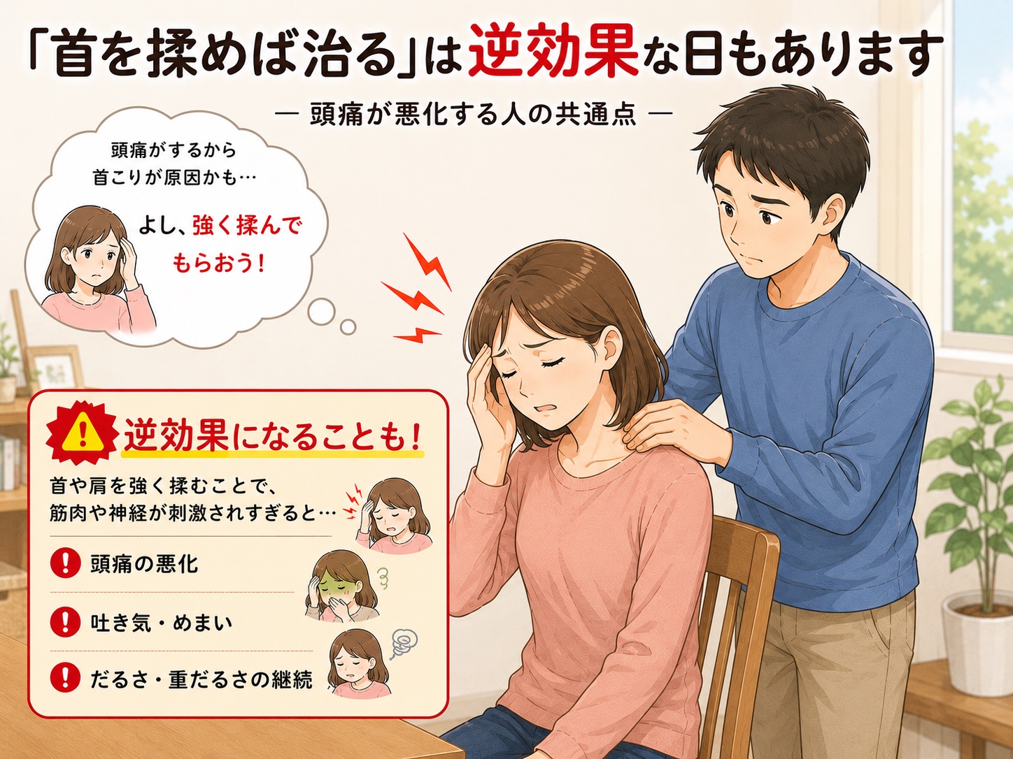 「首を揉めば治る」は逆効果な日もあります。頭痛が悪化する人の共通点
