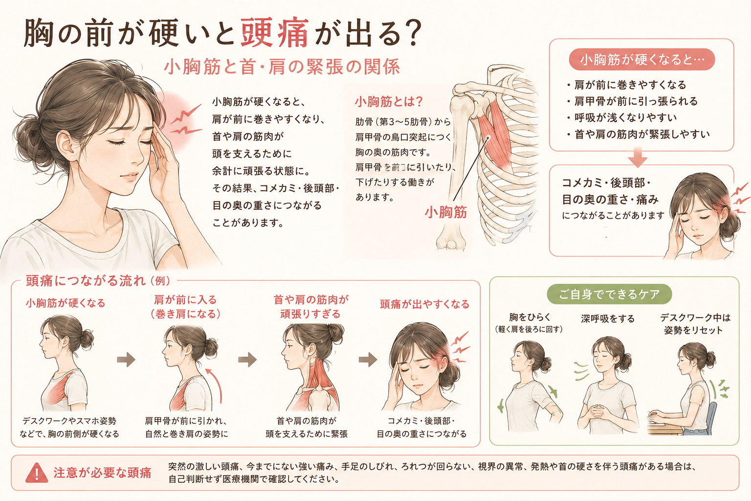 胸の前が硬いと頭痛が出る？小胸筋と首・肩の緊張の関係