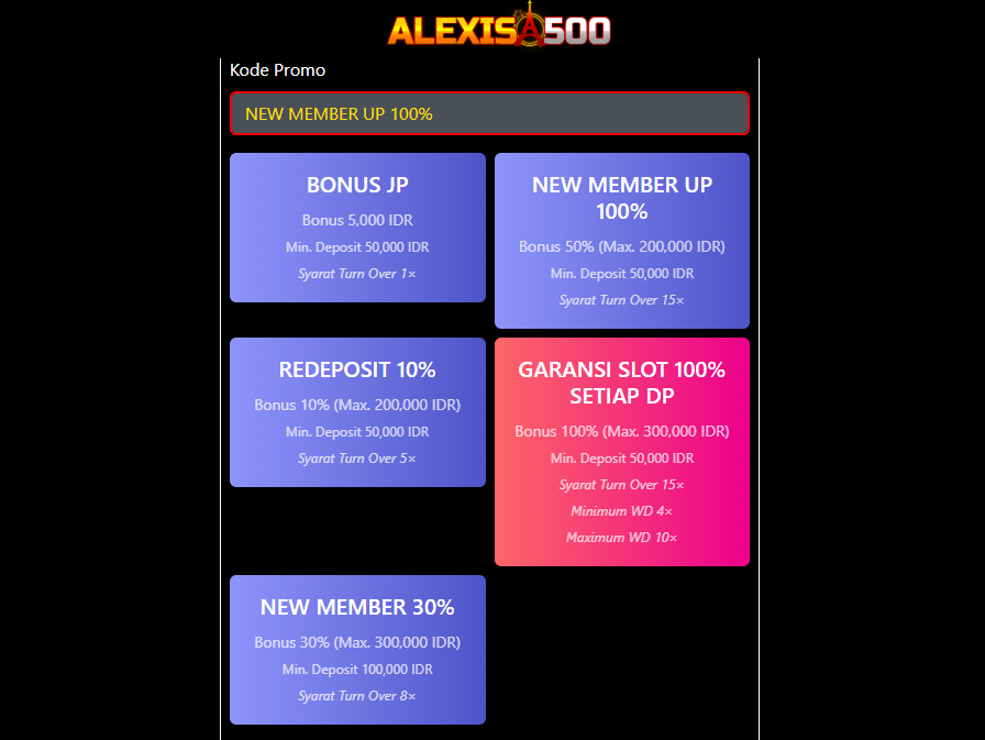 ALEXIS 500: Kode Promo Deposit "NEW MEMBER UP 100%"