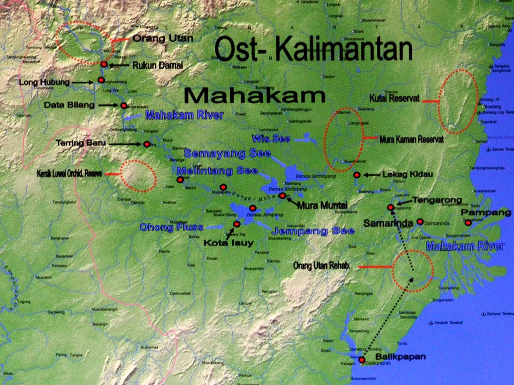 Unsere Fischfangreise mit einem Boot führte von Tengarong über den Mahakam-River ins Seengebiet bis Melak, mit dem Auto weiter über Kersik nach Terring und weiter mit dem Boot zu den Dayakdörfern am Oberlauf des Mahakam.