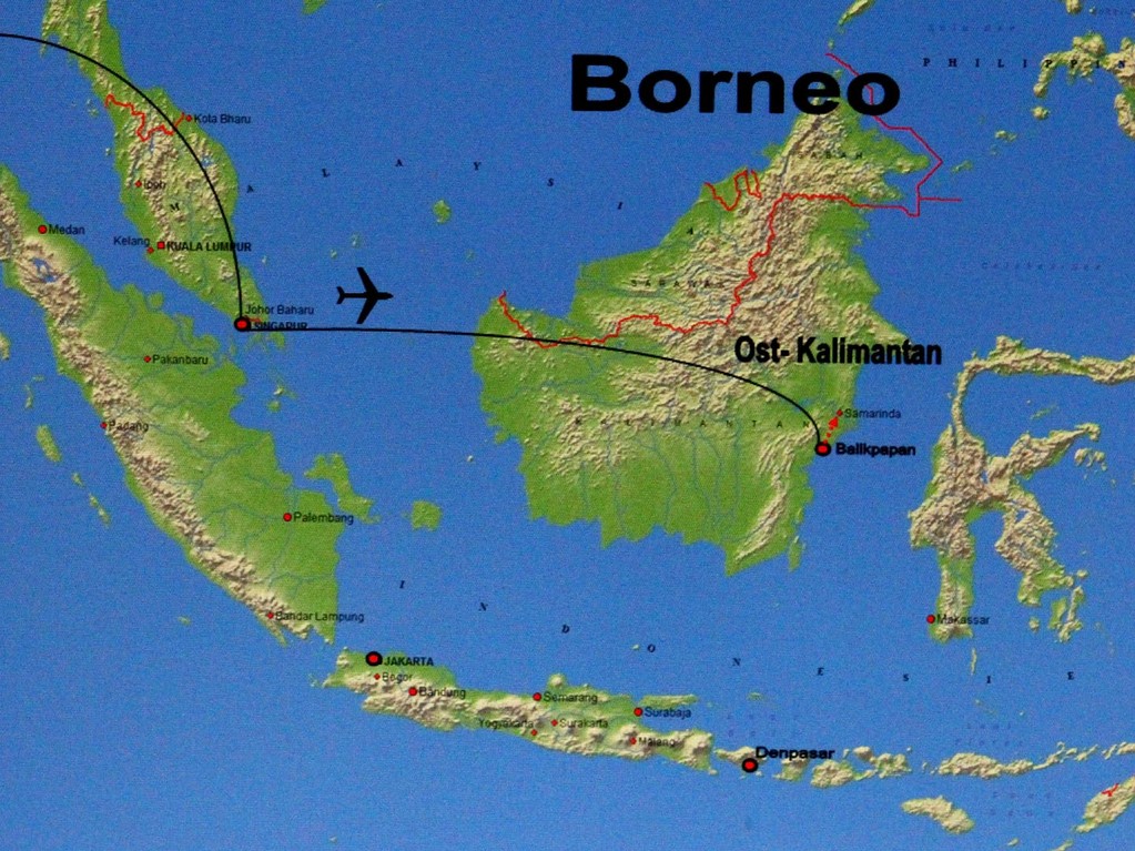 Anreise von Wien über Bangkok und Singapur nach Balikpapan in Indonesien.