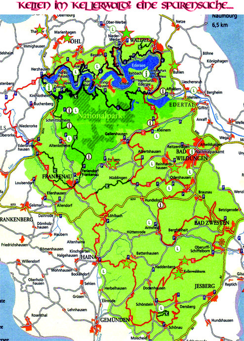 ... die Sterne bezeichnen die Stellen, an denen sich nachgewiesene bronzezeitliche und keltische Relikte befinden, Hügelgräber, Wallanlagen und auch Siedlungsreste