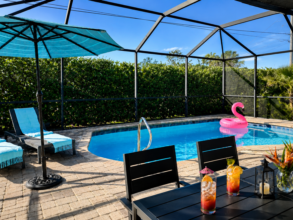 Bonita Beach Villa – sunny patio with private pool, outdoor dining area and tropical flair in Bonita Springs, Florida – ideal for families, couples and long-term vacationers.