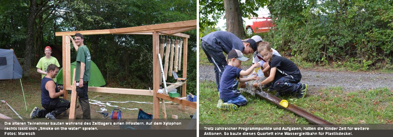 Bild: Betreuer beim Bau eines Holzxylophons, Kinder beim Spielen im Zeltlager 2015