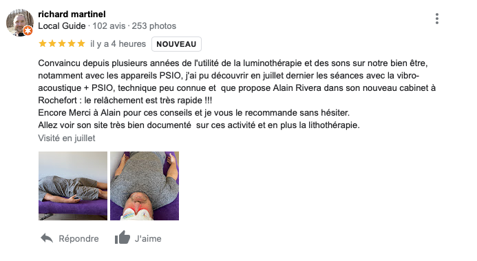 avis 5 étoiles google sur: cabinet luminotherapie et thérapie acoustique rochefort de alain rivera au pole santé de rochefort 17300