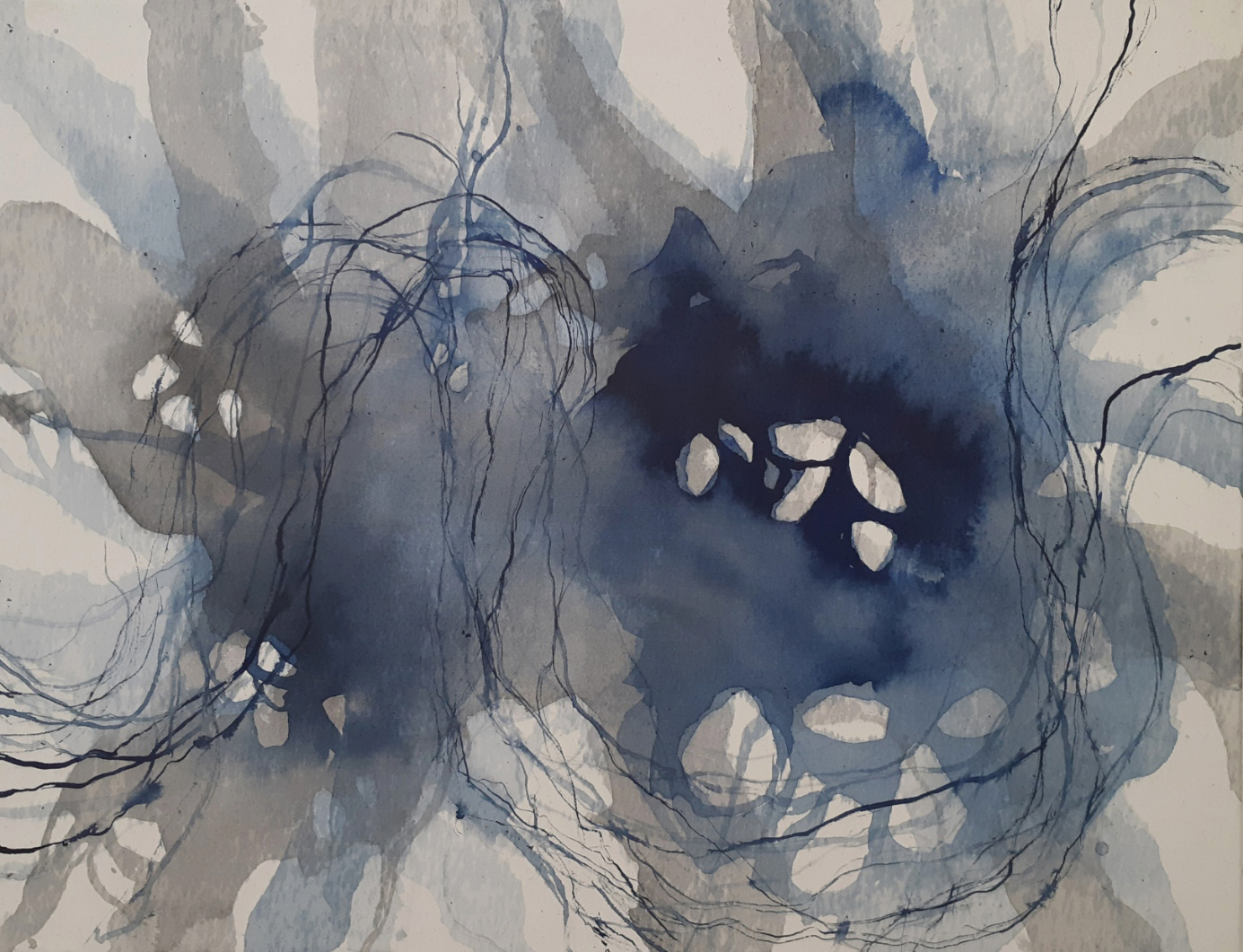 Serie 'Traces' 2020 - Blaue Tusche auf Baumwollstoff / blue ink on canvas  - 90 x 70cm