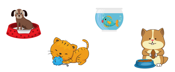 alimento para hámster y peces, juguetes para gatos, cama para perros