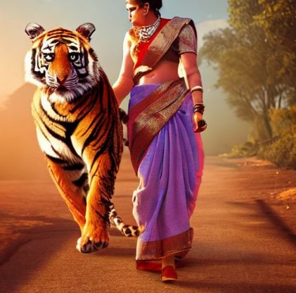 Ein Tiger wird von einer Frau begleitet. Das Thema aus dem Film "Der Tiger von Eschnapur"