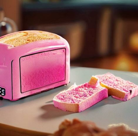 Brot liegt vor einem pinkfarbenen Toaster