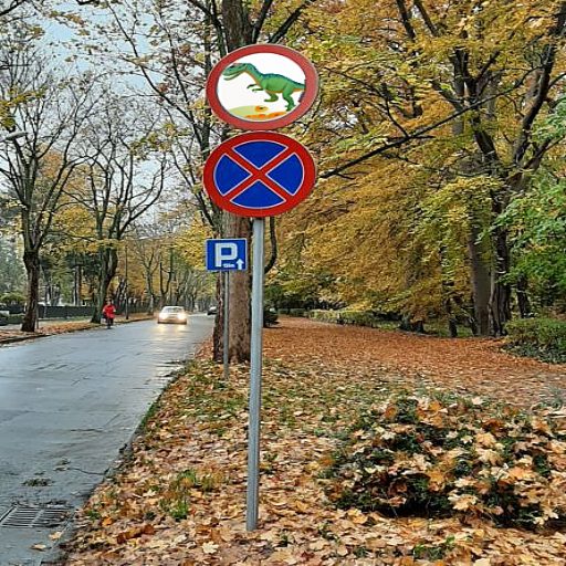 Ein Verkehrszeichen für den Betrieb von Pferdefuhrwerken zeigt scherzhaft einen Dinosaurier