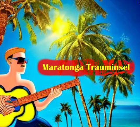 Ein digitaler Gitarrenspieler am paradiesischen Strand mit Palmen erinnert an den Schlager "Der weiße Mond von Maratonga"