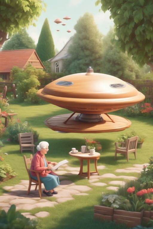 Ein Ufo aus Holz landet in einem Garten. Oma sitzt daneben und liest seelenruhig ihre Zeitung. KI ist schließlich auch nur eine virtuelle Angelegenheit. 